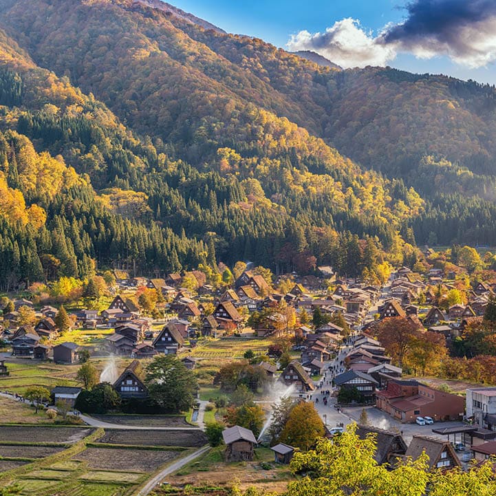 Shirakawago village Gifu Japan, Shirakawa village in autumn season with fire fighting training