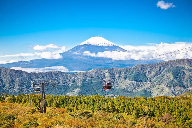 Ropeway and view of Mountain Fuji from Owakudani, Hakone. Japan.