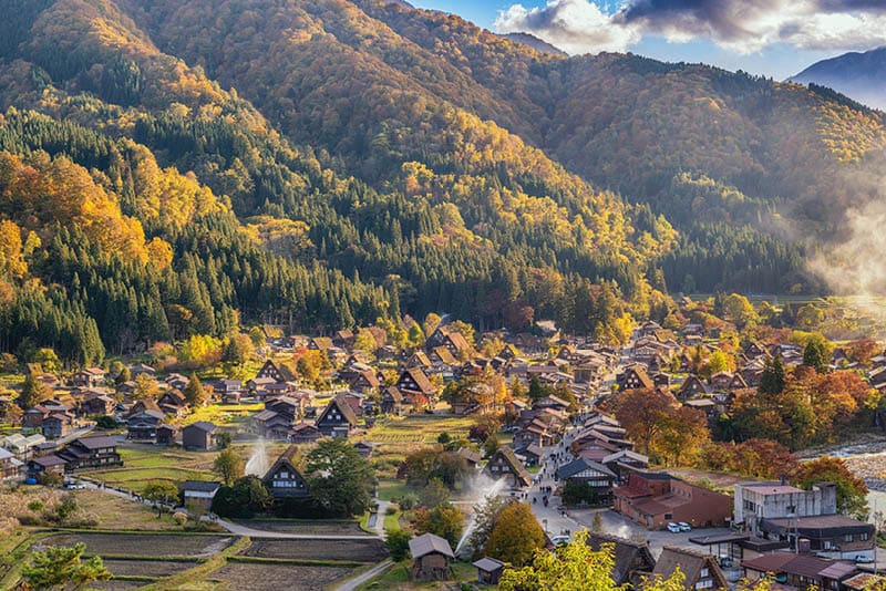 Shirakawago village Gifu Japan, Shirakawa village in autumn season with fire fighting training