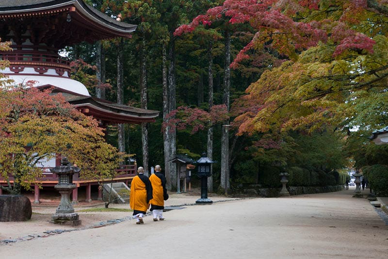 Buddhist monks walking past temple in Koyasan, Mt Koya, Japan during autumn. 