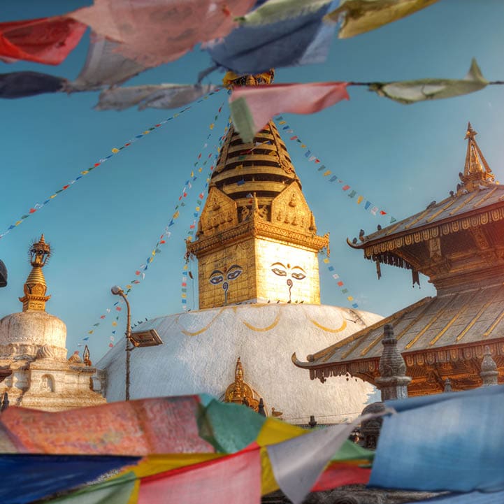 Tibetan flags. Swayambhunath Stupa stands on the hill in Kathmandu, Nepal