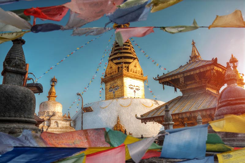 Tibetan flags. Swayambhunath Stupa stands on the hill in Kathmandu, Nepal