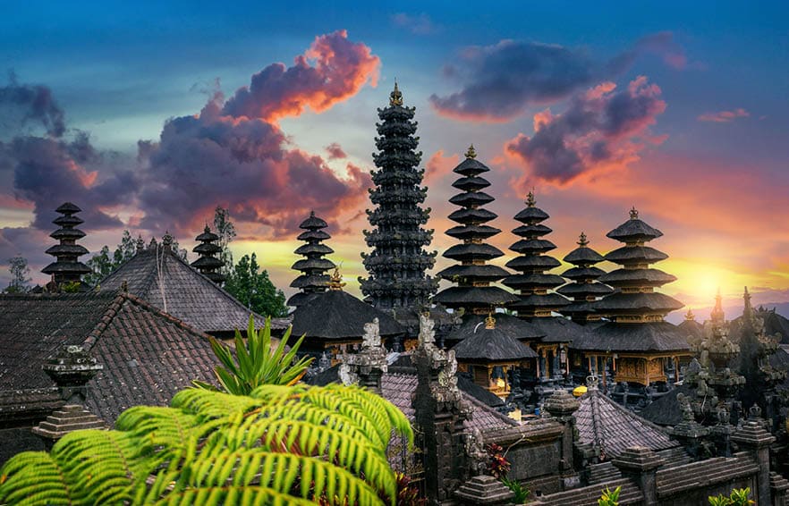 Besakih temple at sunset in Bali, Indonesia.