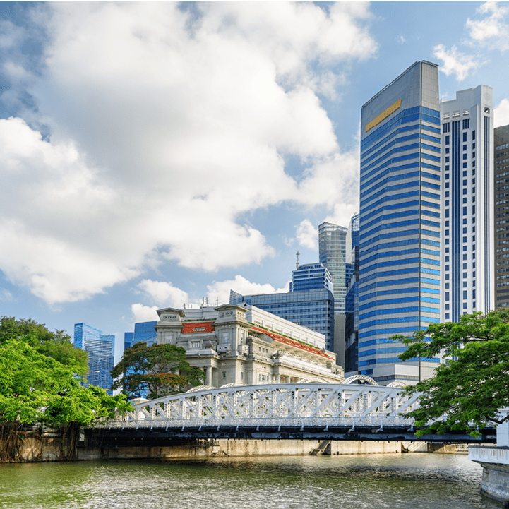 Scenic view of skyscrapers and Anderson Bridge in Marina Bay in Singapore. Beautiful summer cityscape. Singapore skyline. Singapore is a popular tourist destination of Asia