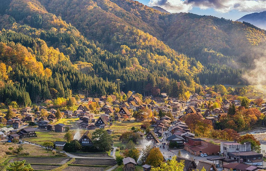 Shirakawago village Gifu Japan, Shirakawa village in autumn season with fire fighting training