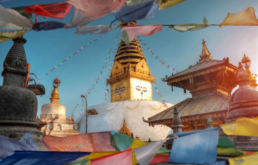 Tibetan flags. Swayambhunath Stupa stands on the hill in Kathmandu, Nepal