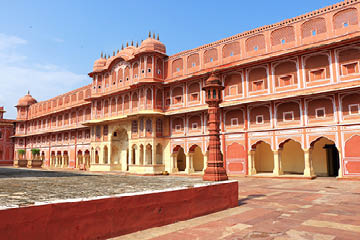 coutyard in Regal City Palace, Jaipur, containing Chandra Mahal and Mubarak Mahal palaces amid a huge complex, still used as a royal residence. built by Vidyadar Bhattachary for Maharaja of Jaipur in 1732,a prime example of Shilpa Shastra and Indian architecture with Rajput Mughal and European styles of architecture.