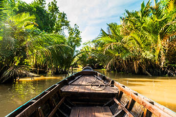 Boat on the Mekong River, swim through the canals in the Mekong Delta in Asia