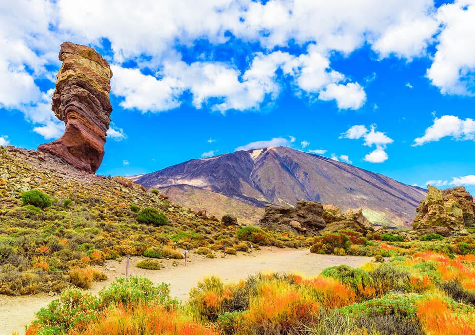 View of Roques de Garcia formation and Teide mountain volcano in Teide National Park, Tenerife, Canary Islands, Spain.