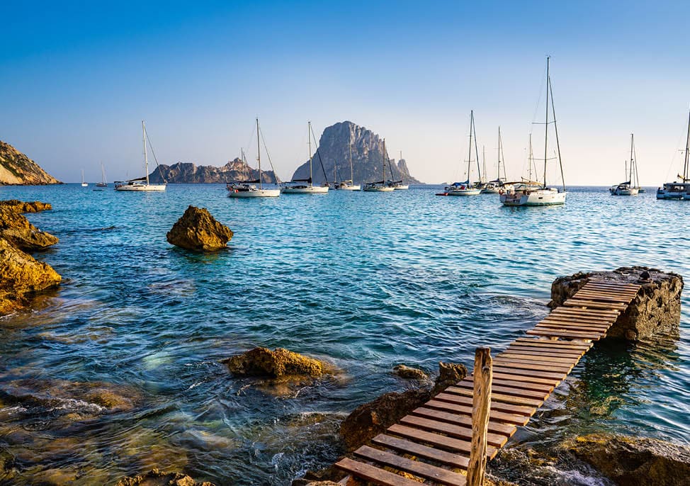 Ibiza cala d Hort with Es Vedra islet sunset in Sant Josep of Balearic Islands