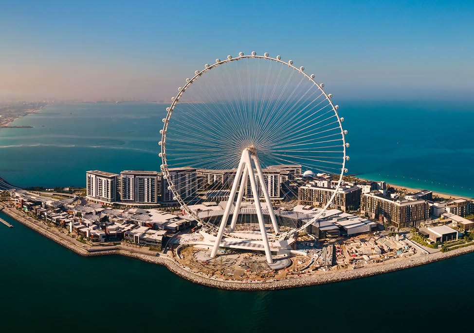 Bluewaters island and Ain Dubai ferris wheel on in Dubai, United Arab Emirates aerial view. New leisure and residential area in Dubai marina area
