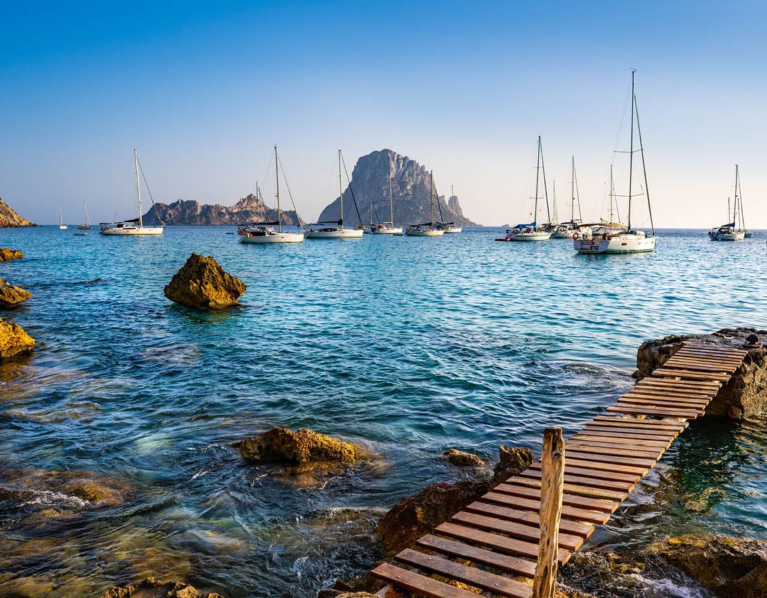 Ibiza cala d Hort with Es Vedra islet sunset in Sant Josep of Balearic Islands