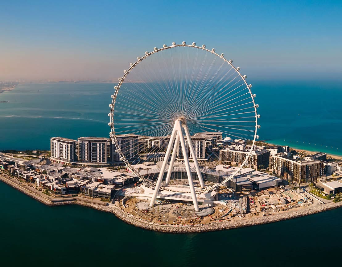 Bluewaters island and Ain Dubai ferris wheel on in Dubai, United Arab Emirates aerial view. New leisure and residential area in Dubai marina area