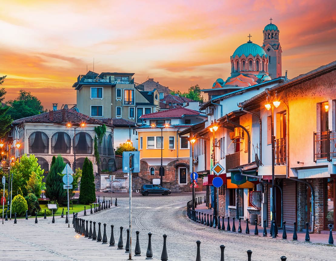 Veliko Tarnovo, Bulgaria. Tsarevets old town in historical city Veliko Tarnovo, former bulgarian capital, beautiful summer evening.