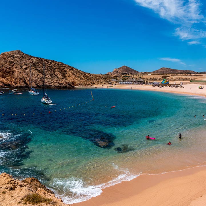 Beautiful Santa Maria beach by Cabo San Lucus has full life guarding and bathroom facilities. It is a sheltered beach that provides safe swimming and snorkeling areas. 