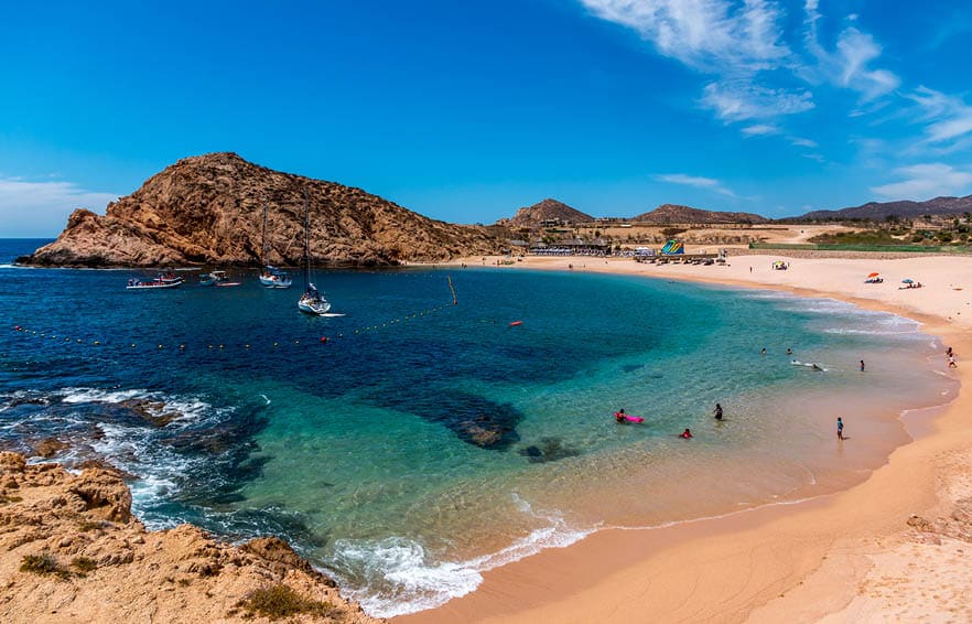 Beautiful Santa Maria beach by Cabo San Lucus has full life guarding and bathroom facilities. It is a sheltered beach that provides safe swimming and snorkeling areas. 