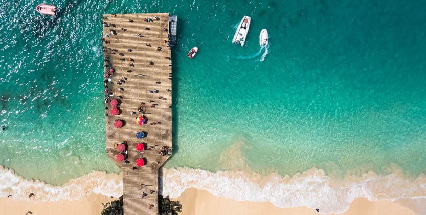 Aerial view of Santa Maria beach pontoon in Sal Island Cape Verde - Cabo Verde