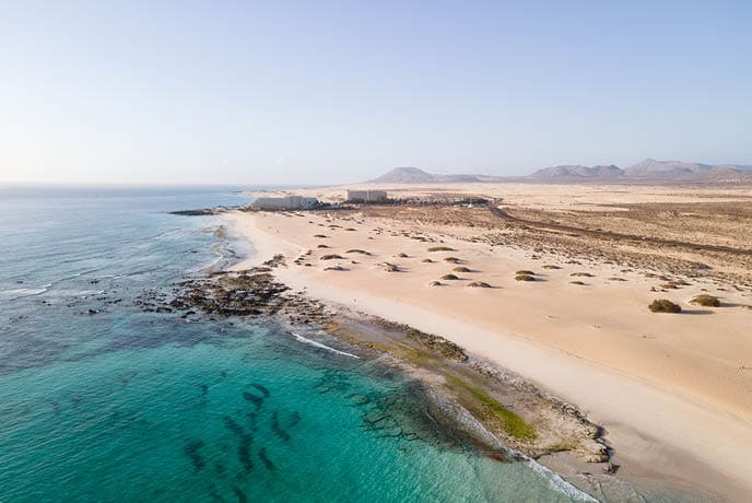 Corralejo flag beach aerial drone shot, Fuerteventura, Canary Islands