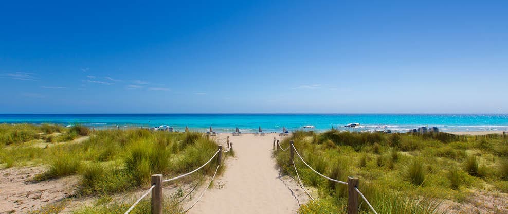 Alaior Cala Son Bou in Menorca turquoise beach at Balearic islands