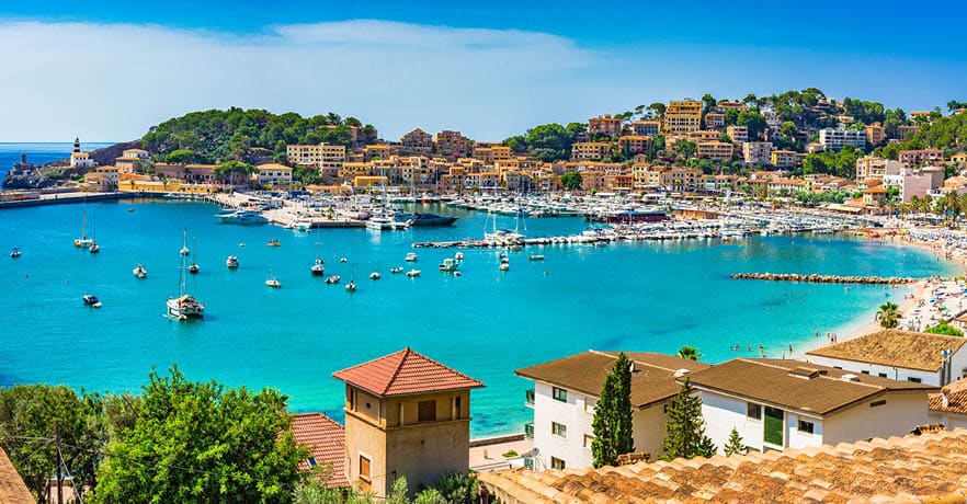 Beautiful panoramic view on Mallorca island, idyllic coast of Port de Soller, Spain Mediterranean Sea