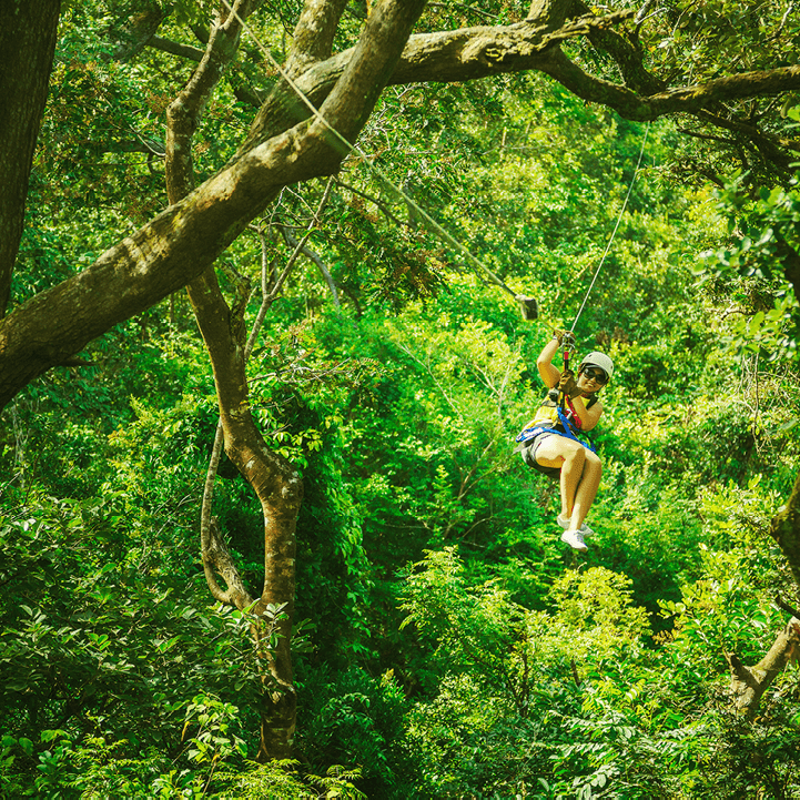 woman in her 40s doing a Canopy Tour Costa Rica, zip lines between trees.
