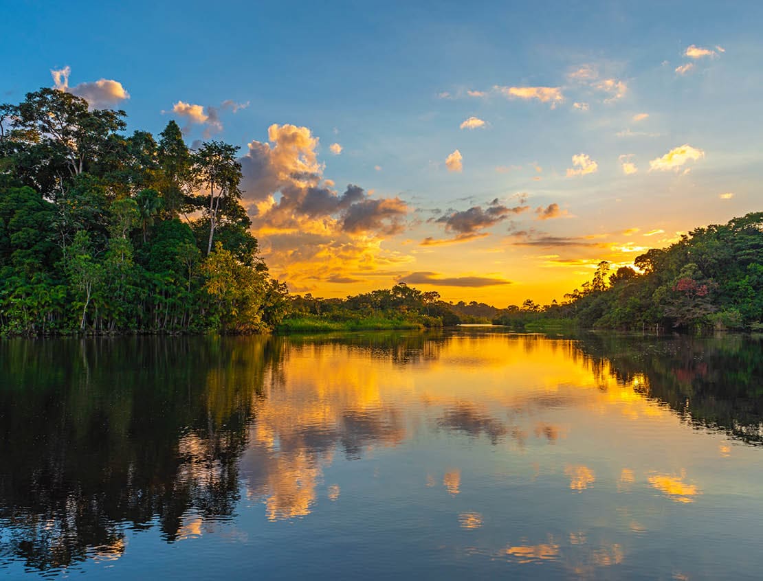 Reflection of a sunset by a lagoon inside the Amazon Rainforest Basin. The Amazon river basin comprises the countries of Brazil, Bolivia, Colombia, Ecuador, Guyana, Suriname, Peru and Venezuela.