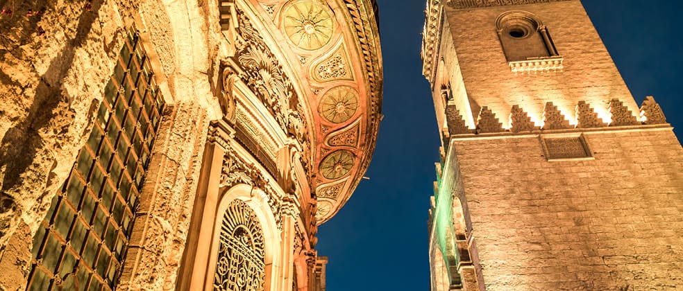Beautifully lit Islamic Cairo at night, El Moez Street, Khan el Khalili, Cairo, Egypt