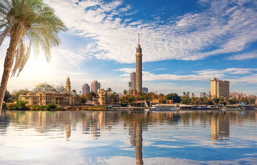 Cairo downtown, view on Gezira Island and the tower from the Nile, Egypt