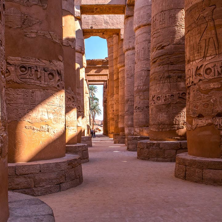 Huge columns in famous Karnak temple complex of Amon Ra in Luxor, Egypt