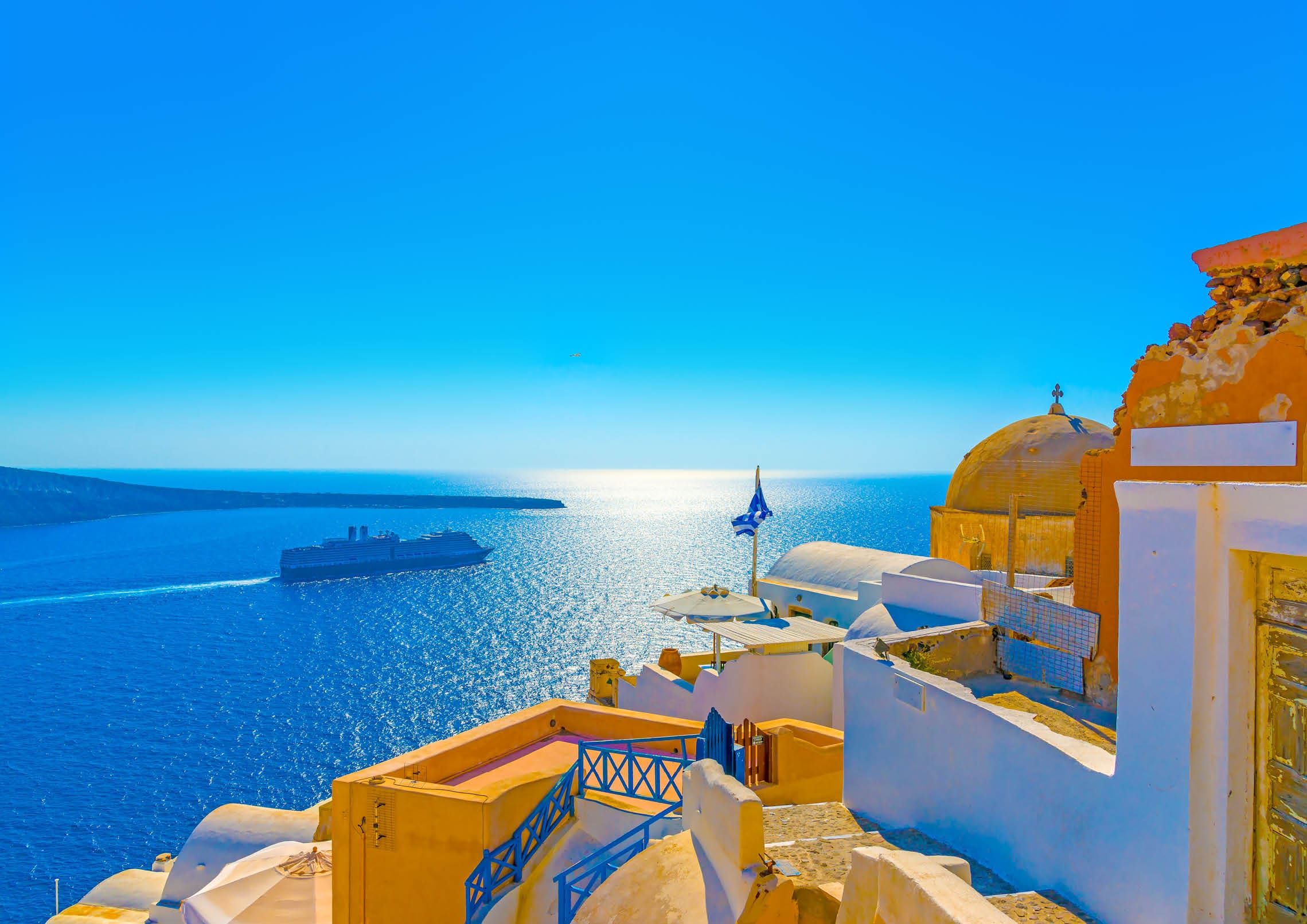 View to the sea from Oia the most beautiful village of Santorini island in Greece