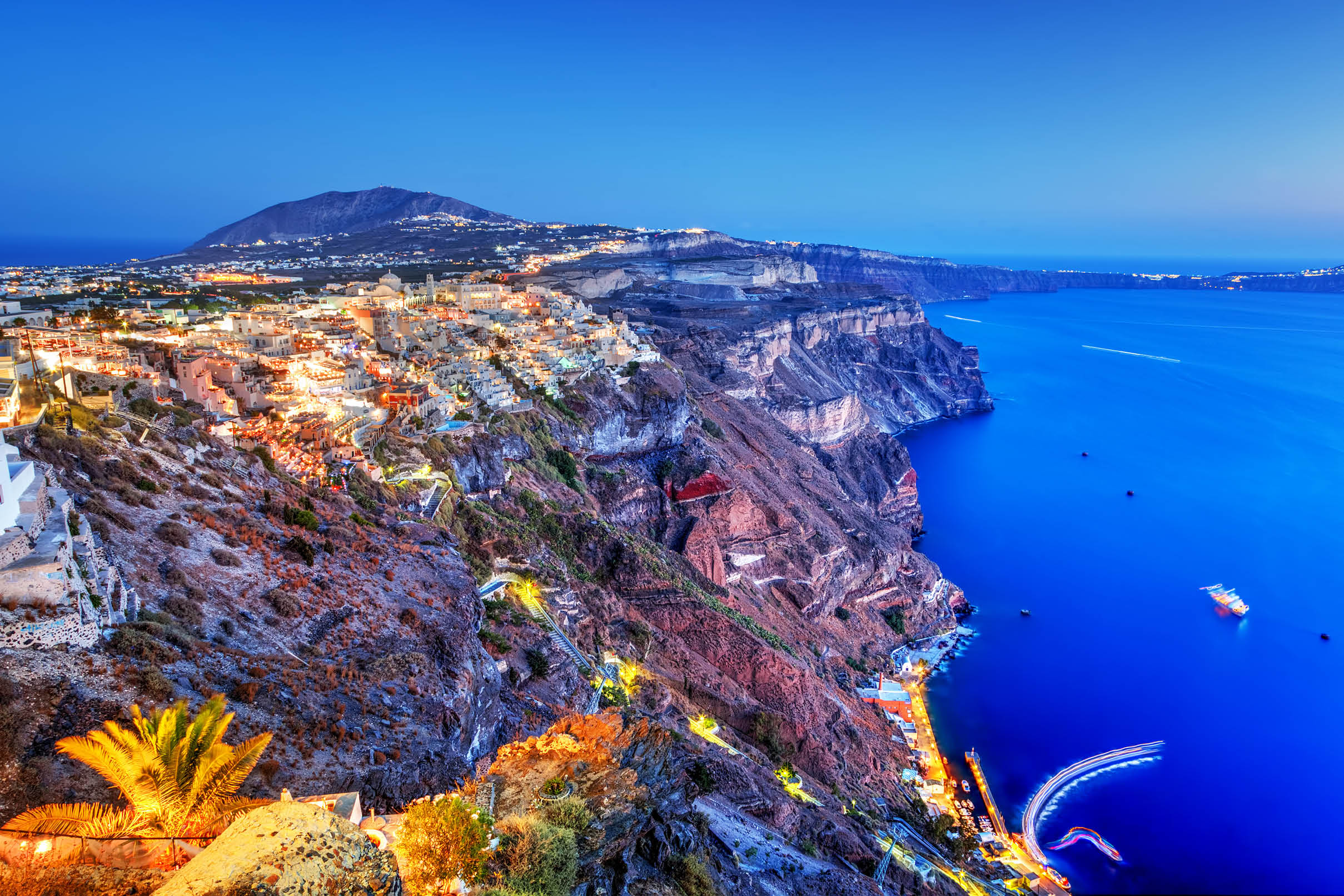 Fira, the capital of Santorini island, Greece at night. Aegean Sea