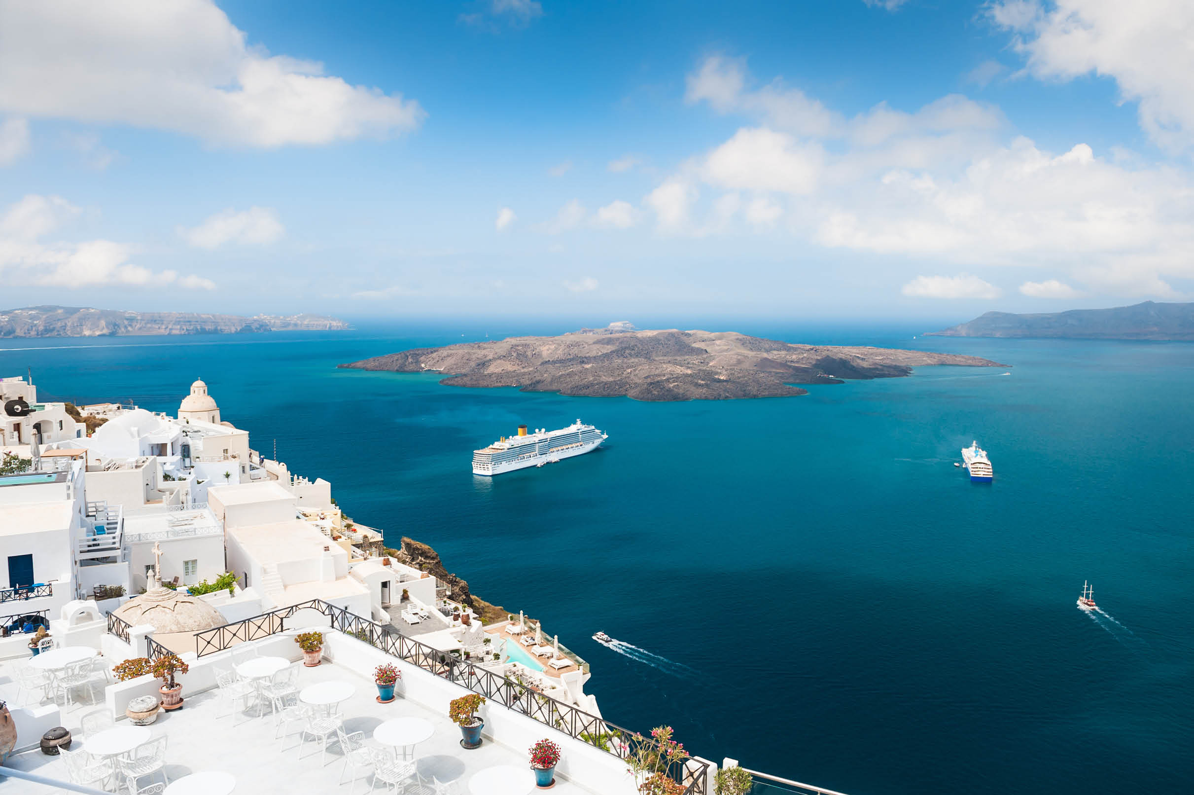 White architecture on Santorini island, Greece. Beautiful landscape, sea view