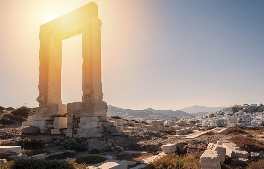 Portara of Naxos, famous landmark of greece, at sunset