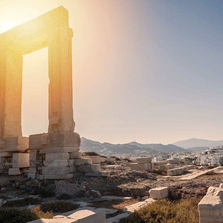 Portara of Naxos, famous landmark of greece, at sunset