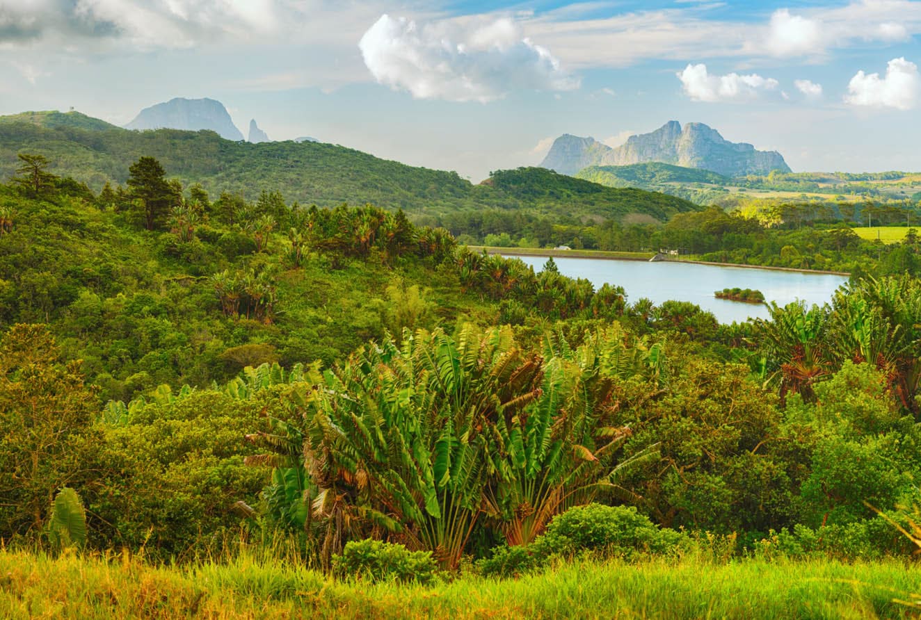 View of a lake and mountains. Mauritius island. Panorama