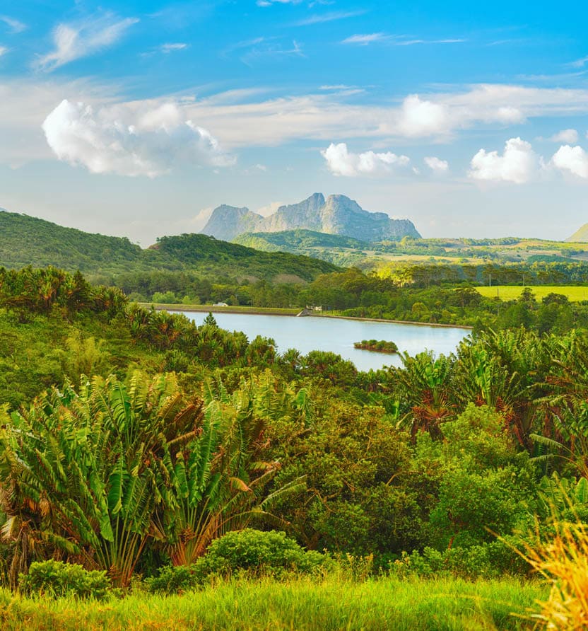 View of a lake and mountains. Mauritius island. Panorama