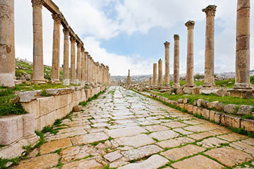 long colonnaded street or cardo in antique town Jerash in Jordan