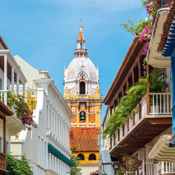 View of balconies leading to the stunning cathedral in Cartagena, Colombia