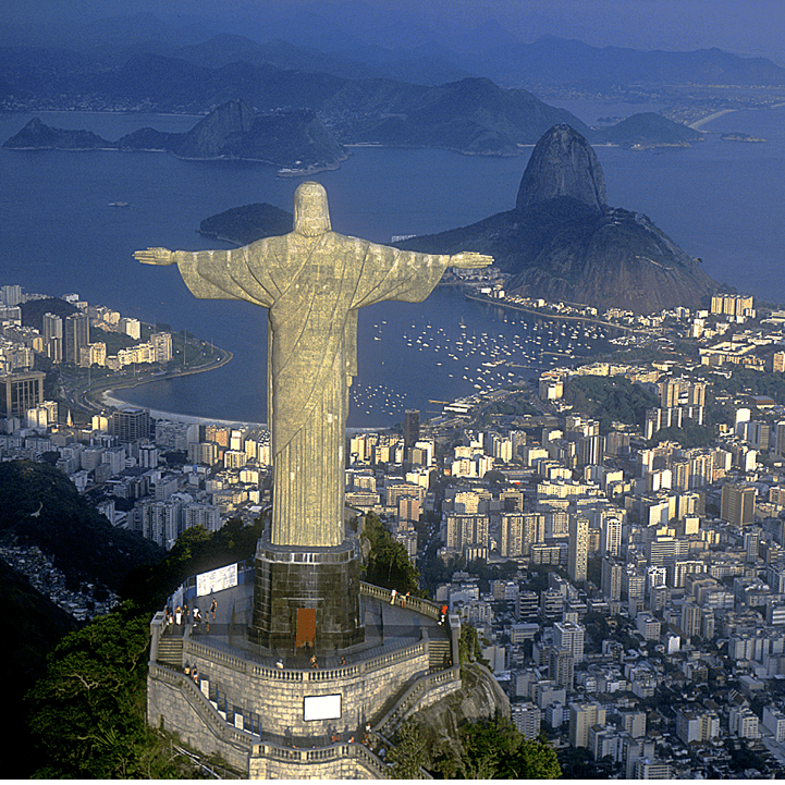 Rio de Janeiro, RJ, Brazil: Aerial view of Christ, symbol of Rio de Janeiro, standing on top of Corcovado Hill, overlooking Guanabara Bay