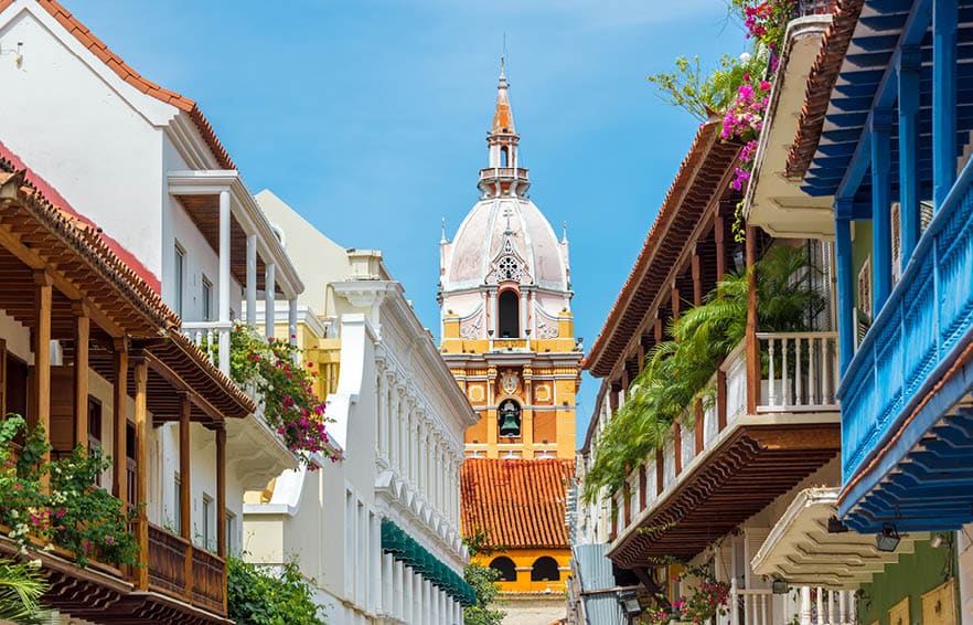 View of balconies leading to the stunning cathedral in Cartagena, Colombia