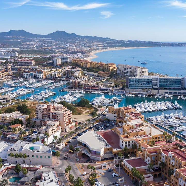 Aerial view of downtown Cabo San Lucas, Baja California Sur, Mexico.