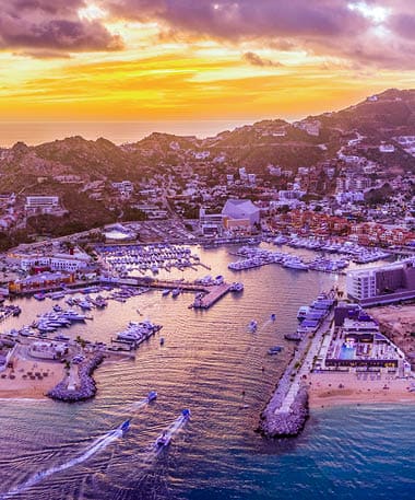 Aerial view of the cityscape of Cabo San Lucas, Mexico marina area at sunset - Los Cabos, Baja California Sur