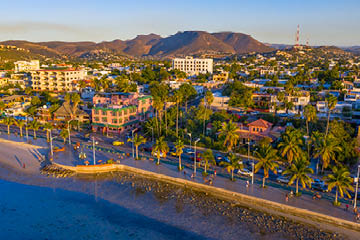Sunset aerial view of the waterfront area of La Paz, Baja California Sur, Mexico.