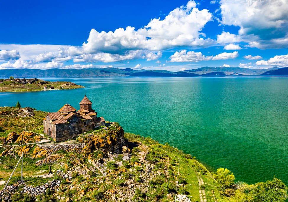 Aerial view of Hayravank monastery on the shores of lake Sevan in Armenia