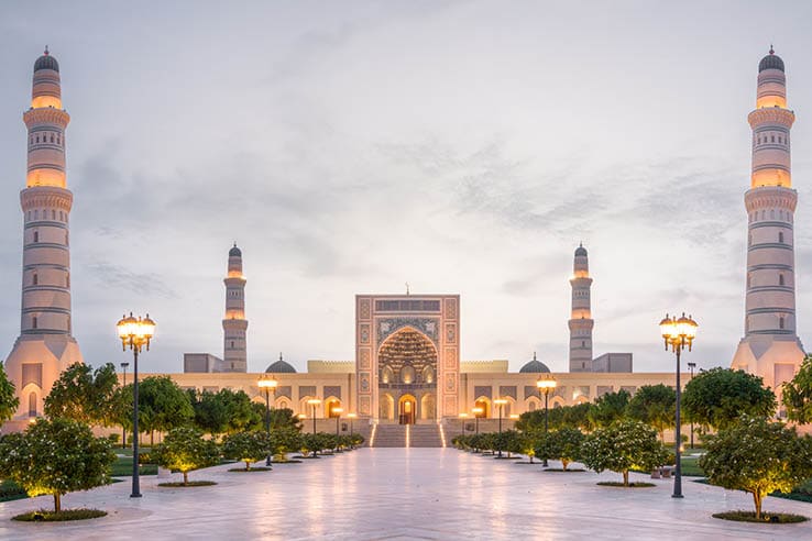 The Sultan Qaboos Mosque in Sohar after sunset, Oman, middle east.
