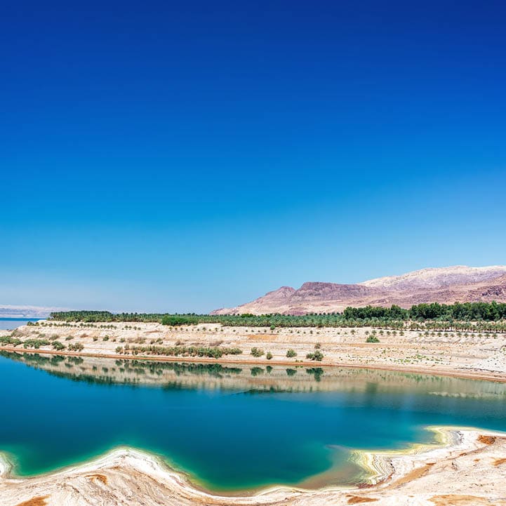 View salt and turquoise water at the Dead Sea in Jordan
