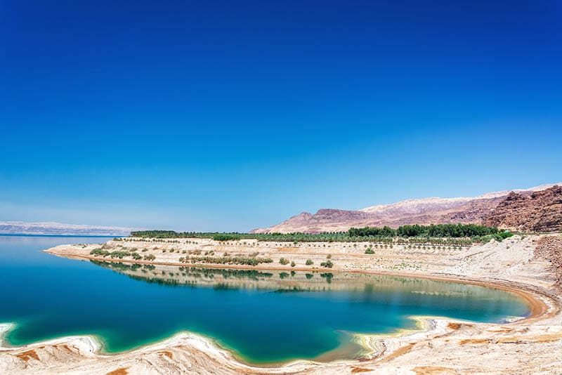 View salt and turquoise water at the Dead Sea in Jordan