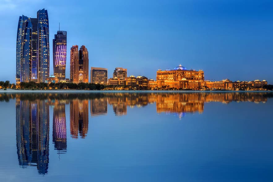 View of Abu Dhabi Skyline at sunset, United Arab Emirates