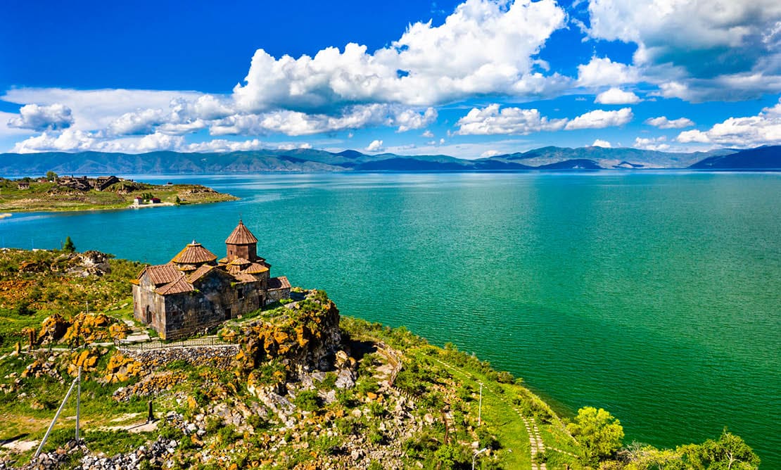 Aerial view of Hayravank monastery on the shores of lake Sevan in Armenia