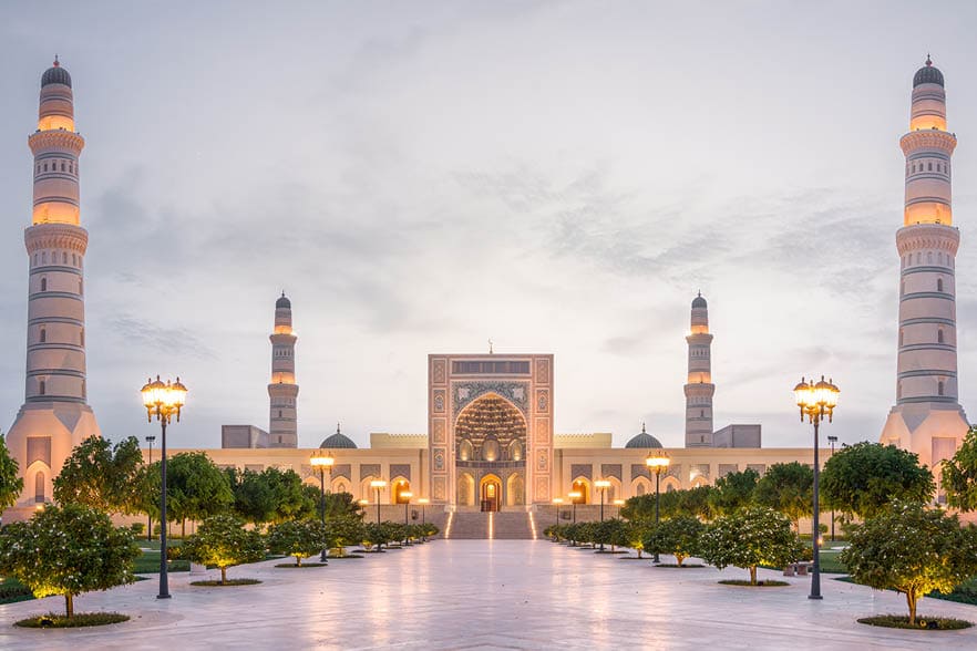 The Sultan Qaboos Mosque in Sohar after sunset, Oman, middle east.